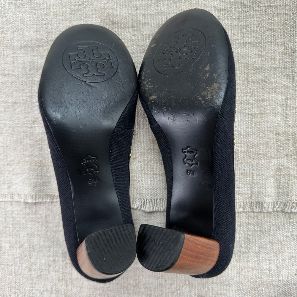 Tory Burch Black Canvas Leather Logo Medallion Block Heel Pumps Womens 6M - Picture 7 of 10